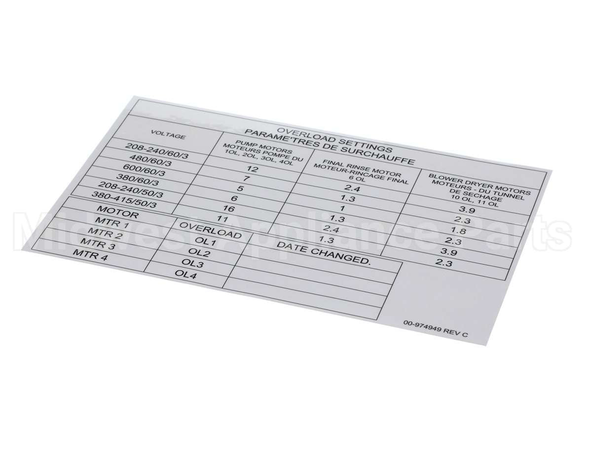 00-974949 Hobart Label, Overload Settings