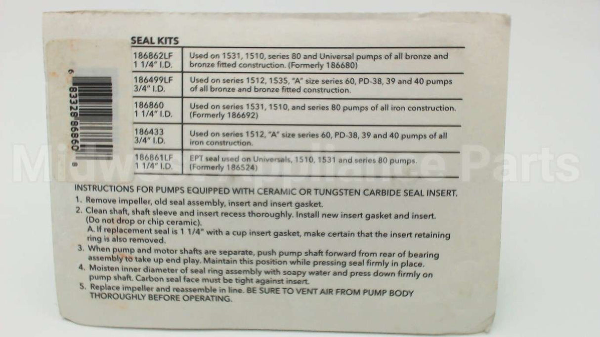 186860 Xylem-Bell & Gossett Seal Kit,1 1/4"Id,All Iron