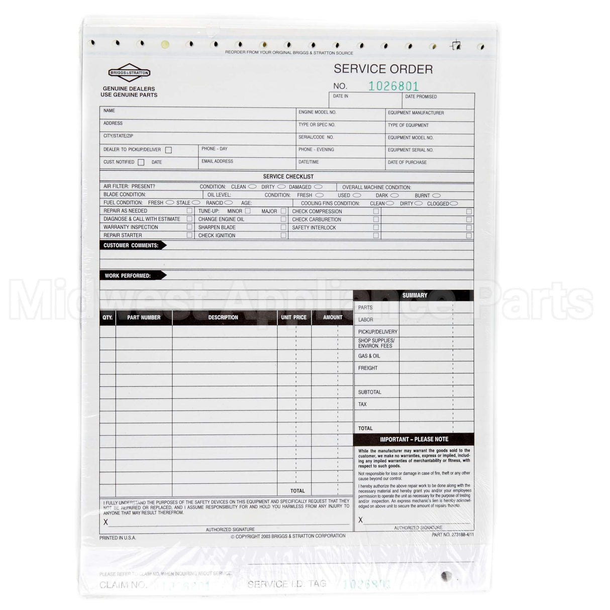 273188 Briggs & Stratton Repair Order W/Lam