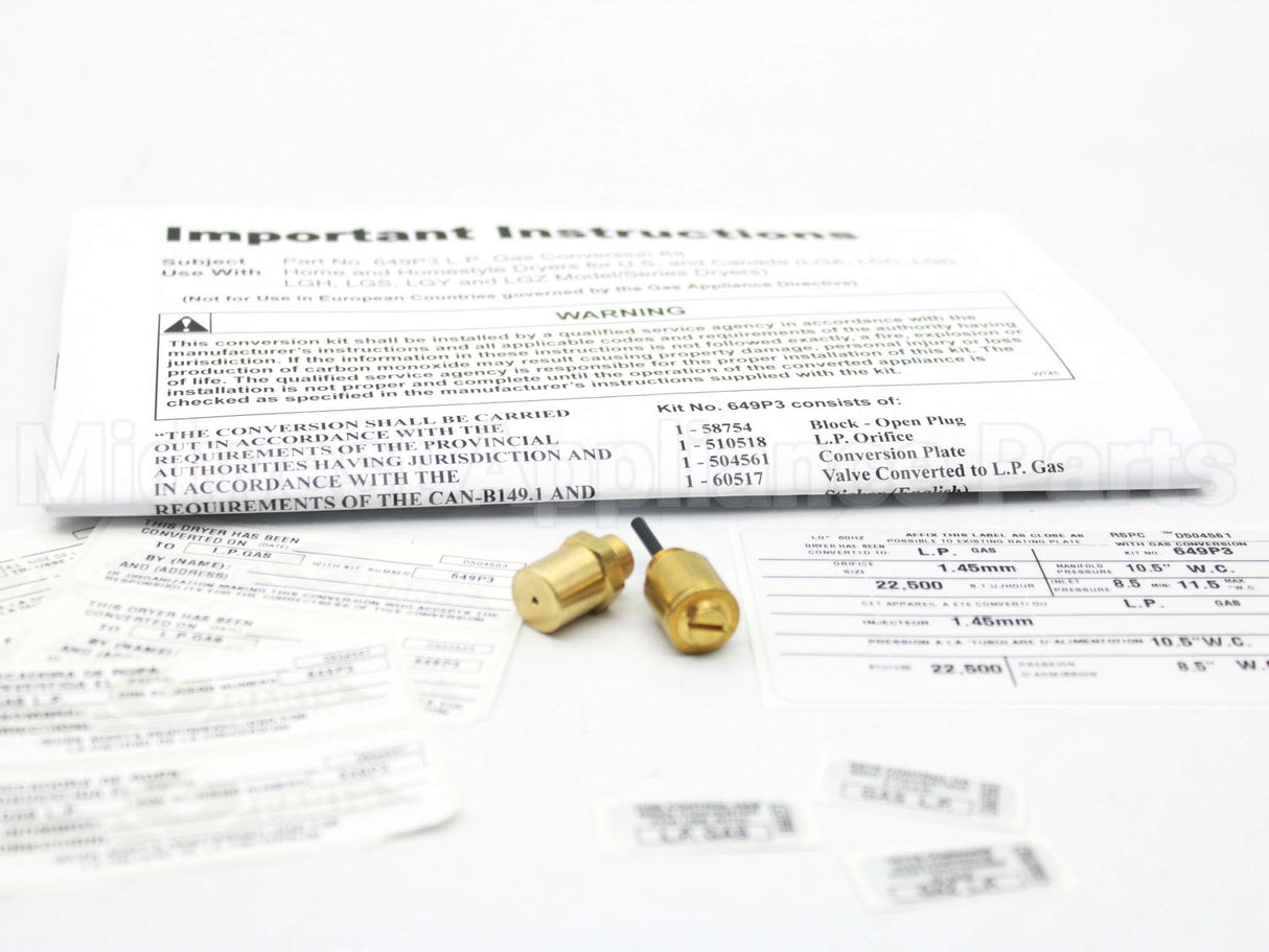 649P3 Speed Queen Kit Conv-Dryer-Ng To Lp-22500 Btu