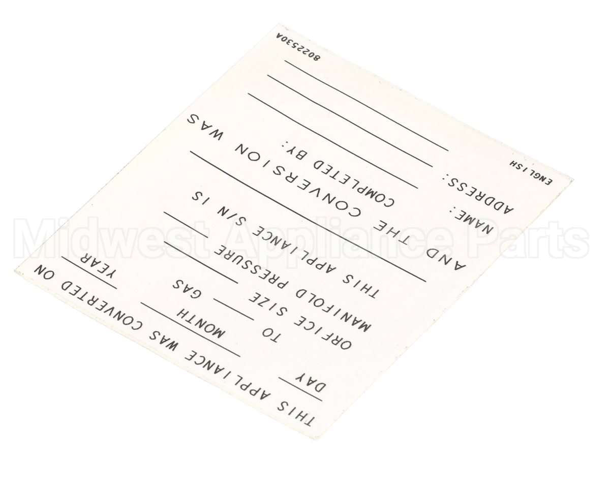 8022530 Frymaster Label,Conversion Date, English