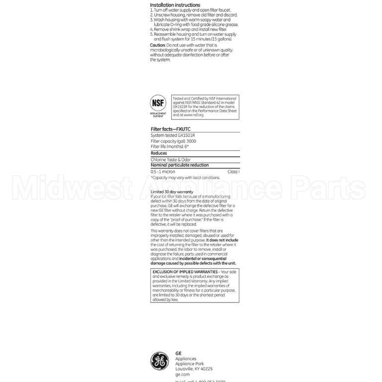 FXUTC GE Repl. Filter