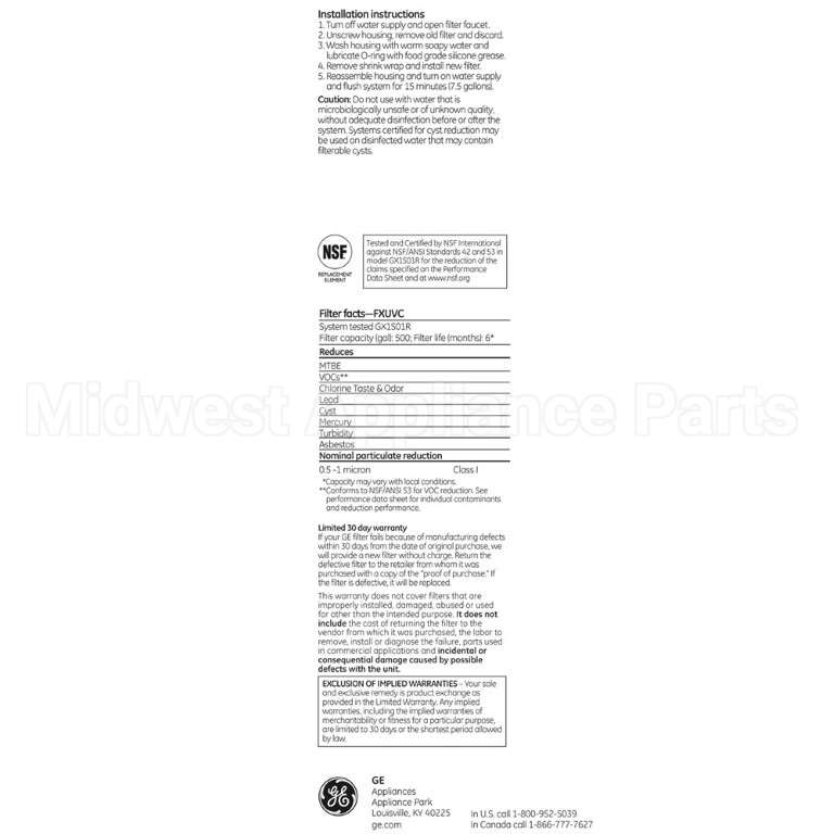 FXUVC GE Replacement Filter