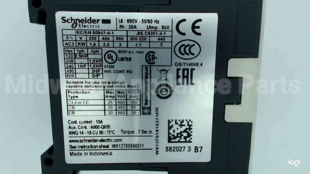 LC1K0610B7 Schneider Electric (Square D) 24V 6A 3P Mini Contactor