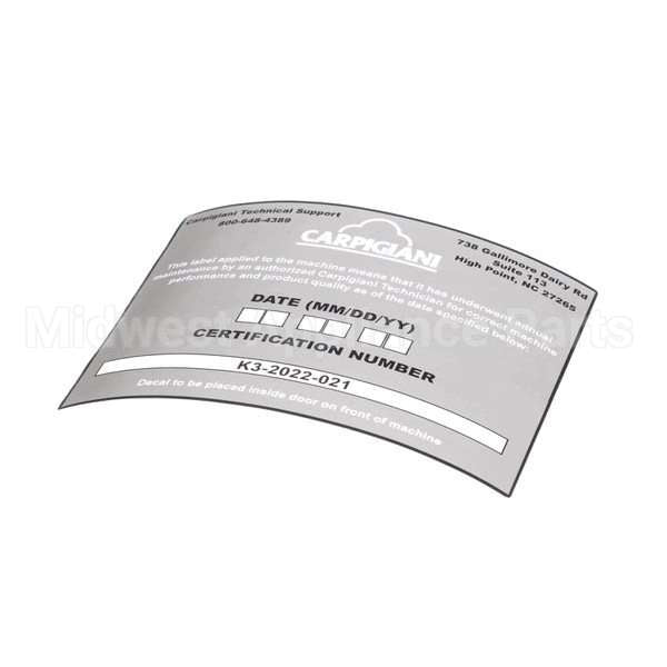 US192-024276 Compatible Carpigiani Decal-Pm Certification