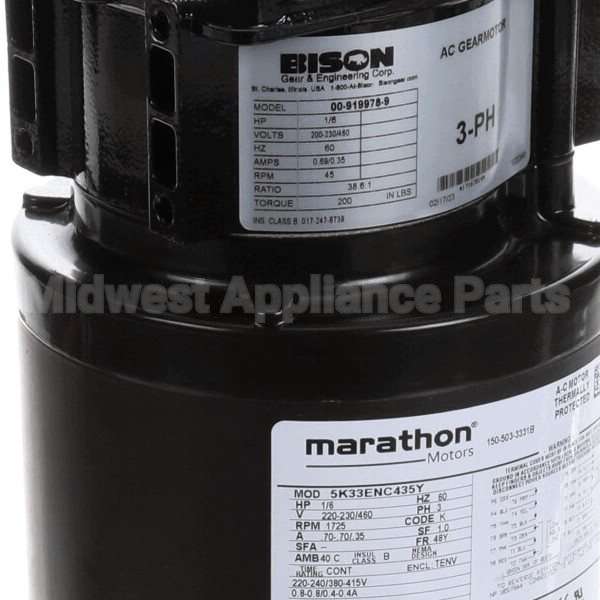 00-919978-00009 Compatible Midwest Appliance Parts Motor, Drive, Conv, 200-230/60/3