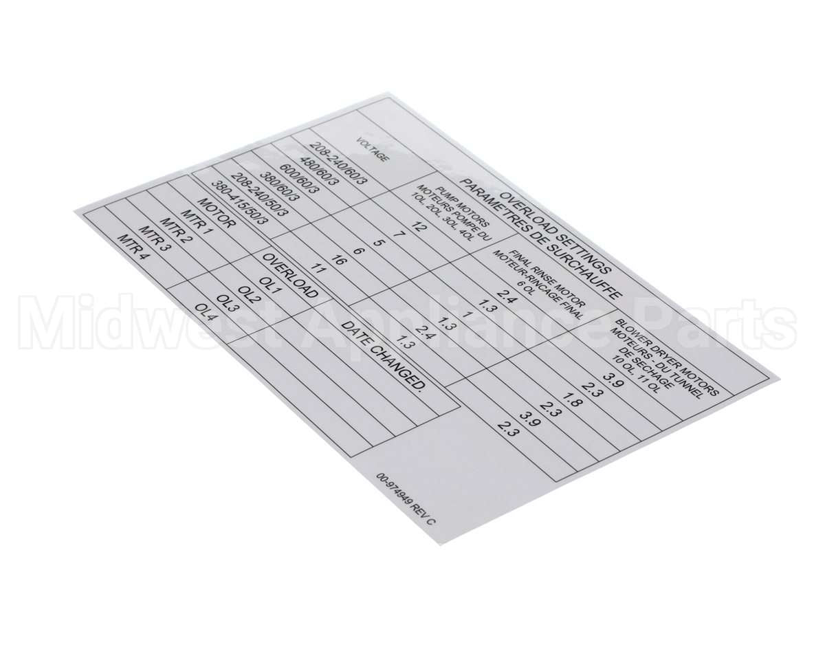 00-974949 Hobart Label, Overload Settings