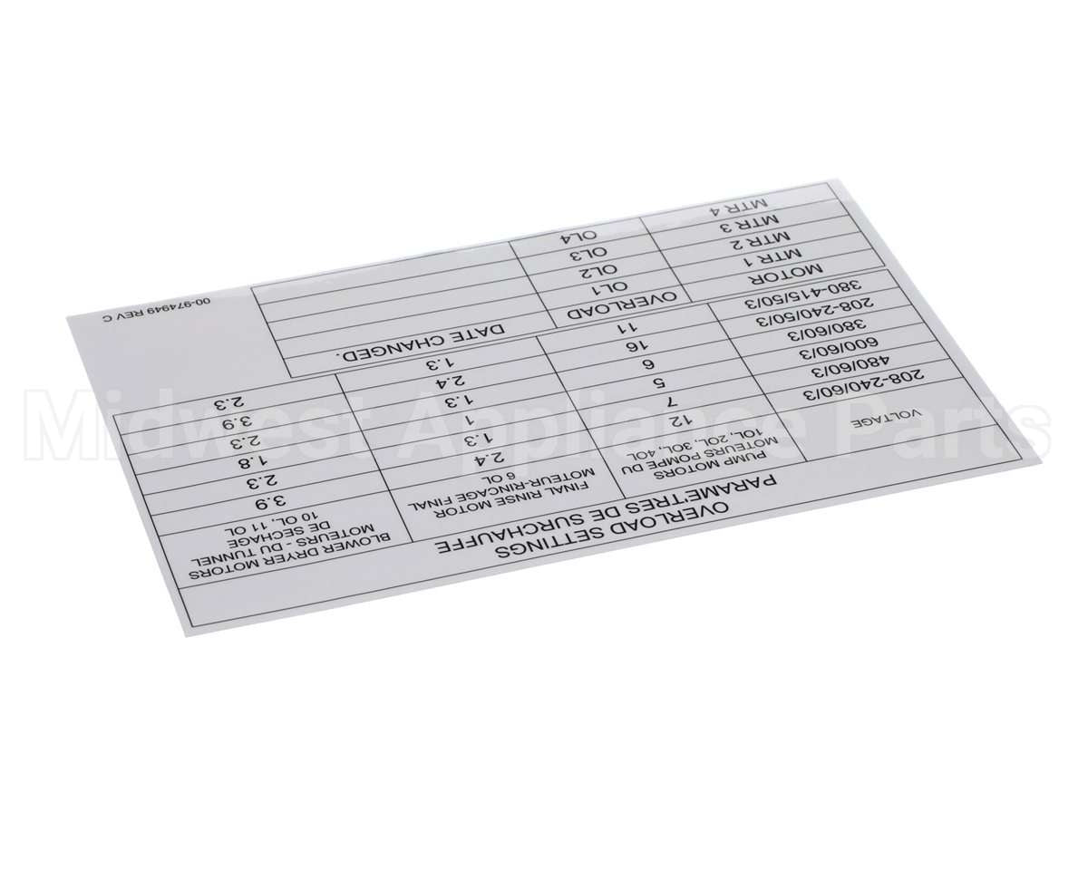 00-974949 Hobart Label, Overload Settings