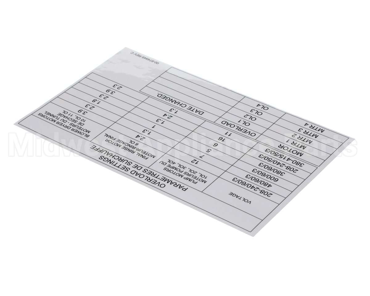 00-974949 Hobart Label, Overload Settings