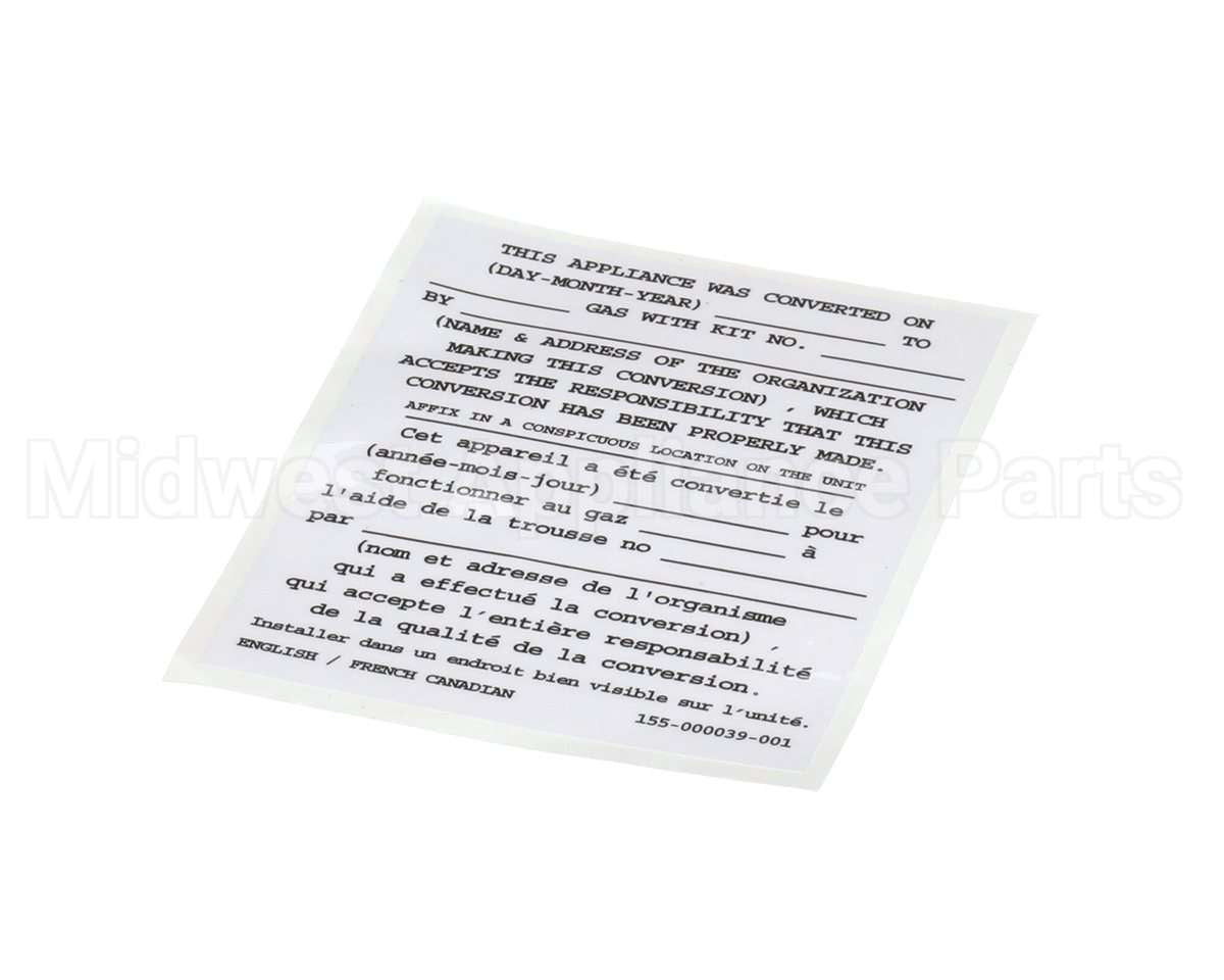 155-000039-001 Pitco Conversion Sticker