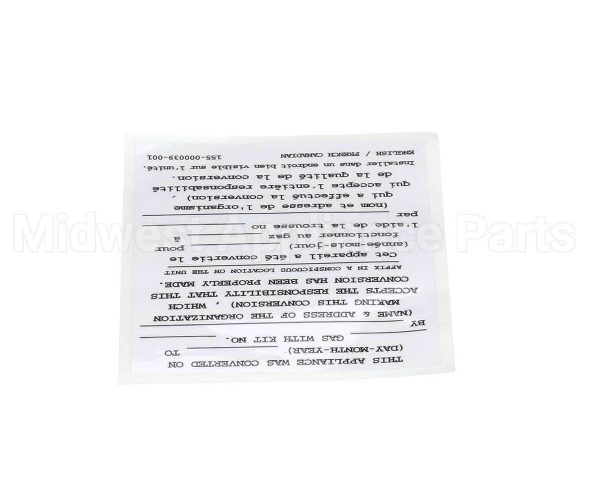 155-000039-001 Pitco Conversion Sticker