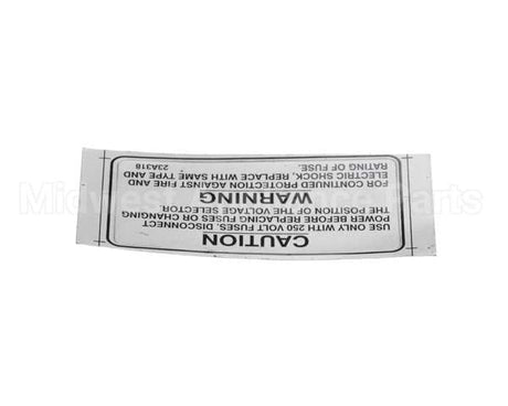 23A318 Ultrafryer Decal, Warning 250V Fuse Note