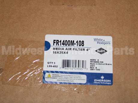 FR1400M-108 Copeland Comfort Control (White Rodgers) 16X25X4 1400Cfmmerv8Filter 3Pk