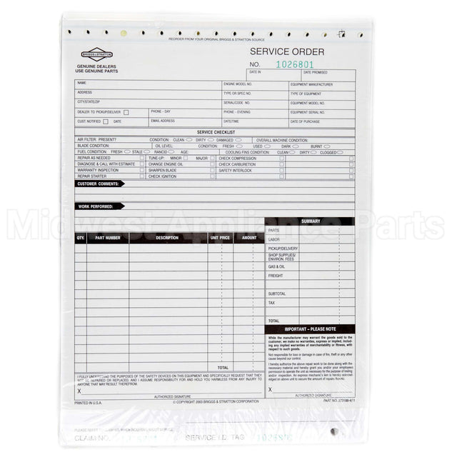 273188 Briggs & Stratton Repair Order W/Lam