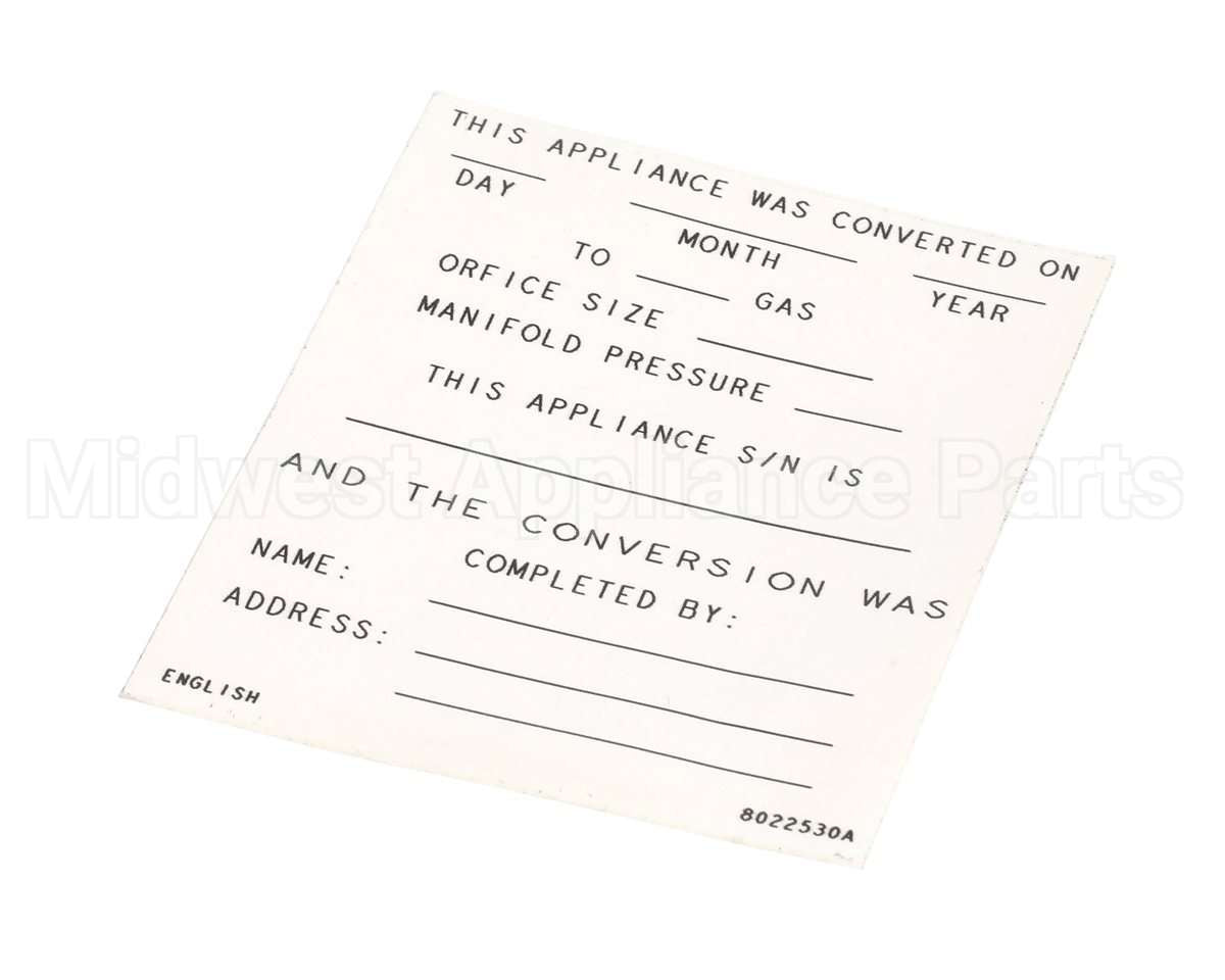 8022530 Frymaster Label,Conversion Date, English