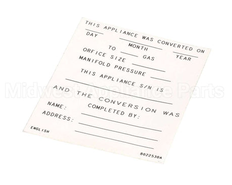 8022530 Frymaster Label,Conversion Date, English