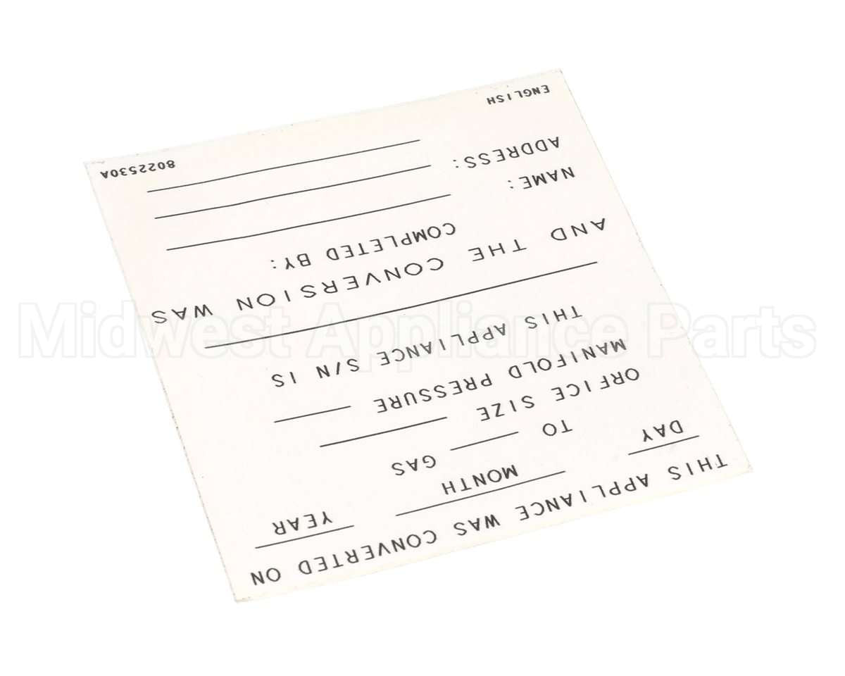 8022530 Frymaster Label,Conversion Date, English