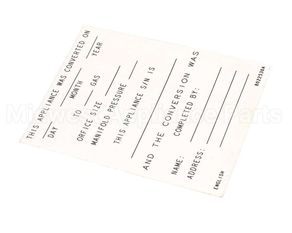 8022530 Frymaster Label,Conversion Date, English