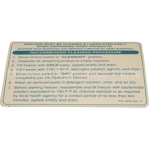 SS10035 Compatible Saniserv Saniserve Cleaning Decal