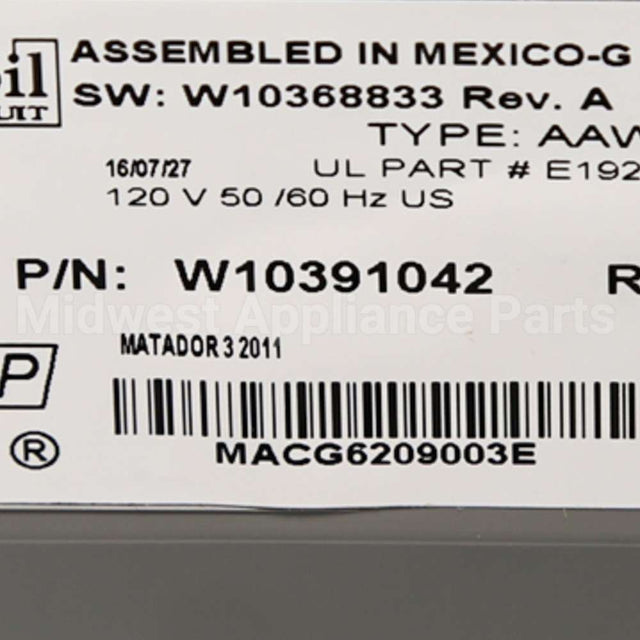 WPW10391042 Whirlpool Cntrl-Elec