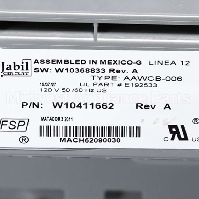 WPW10411662 Whirlpool Cntrl-Elec